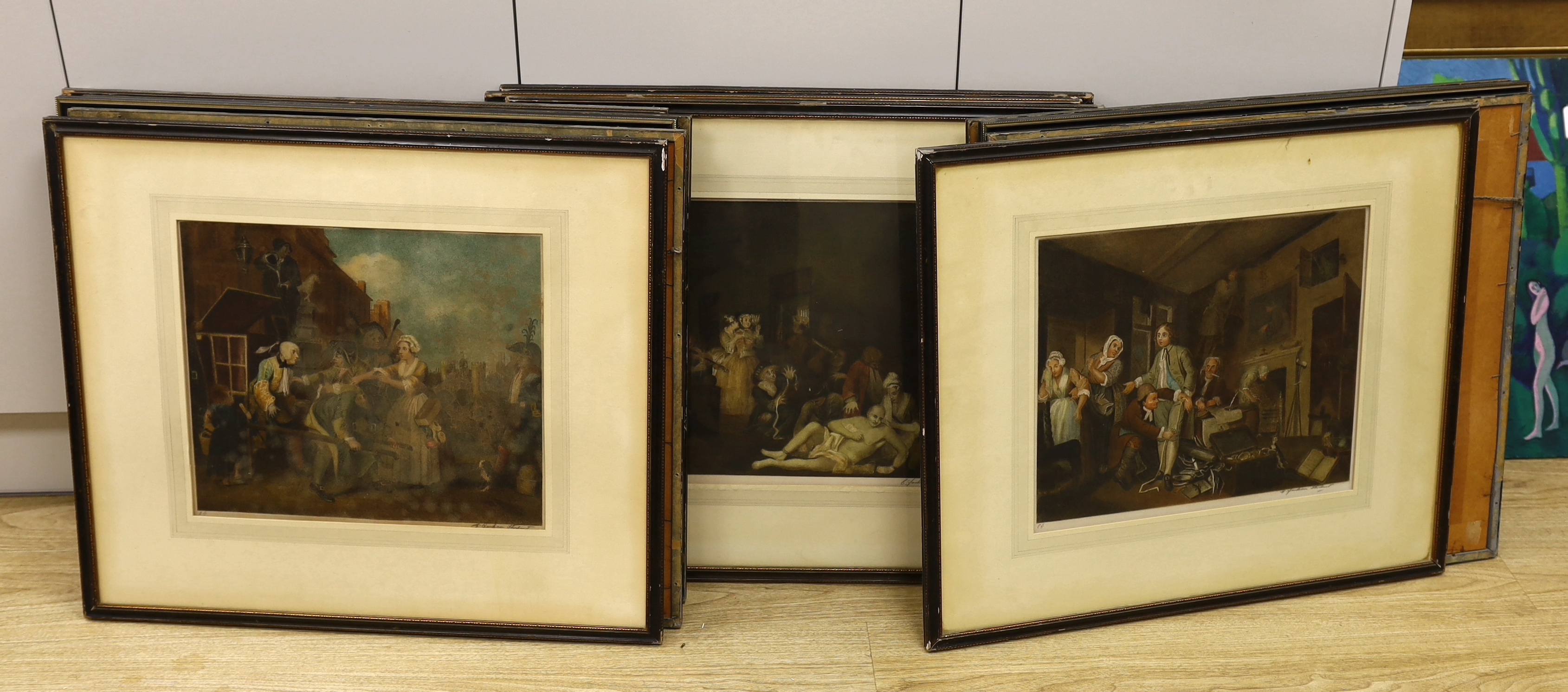 Edward Jackson Stodart (1879-1934) - After William Hogarth (1607-1764), set of twelve pencil signed hand coloured stipple engravings including 'A Rake's Progress', each with details verso, 34 x 40cm